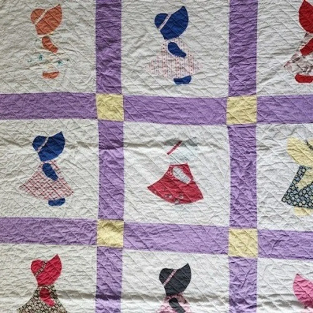 VINTAGE Sunbonnet Sue Quilt Hand Applique Twin 67x83 Purple Yellow Calico Folk